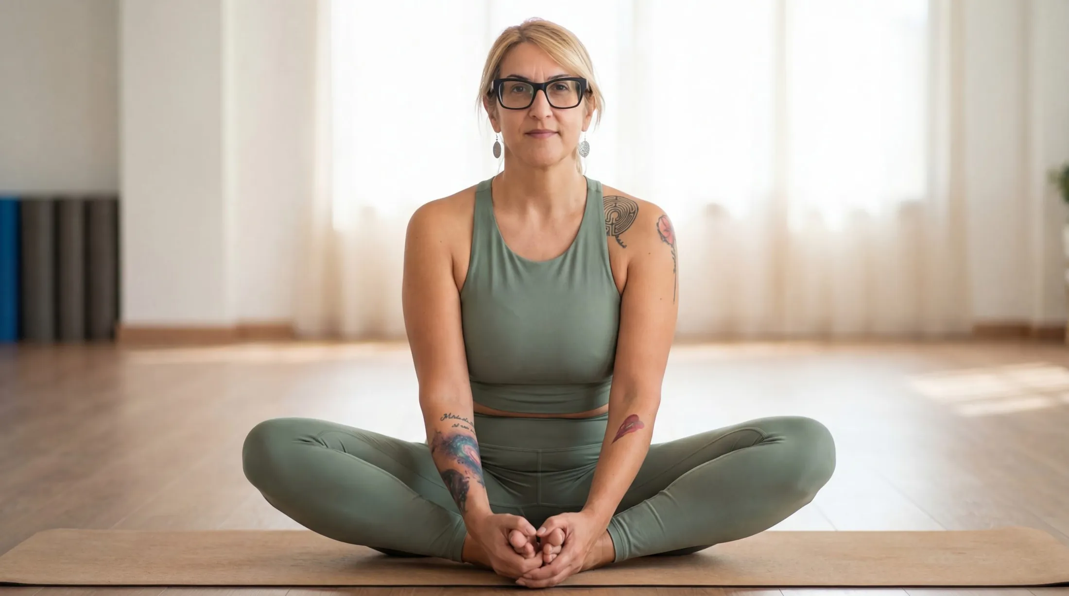Melania Romanelli seated in a gentle yoga pose, wearing sage green, in soft evening light